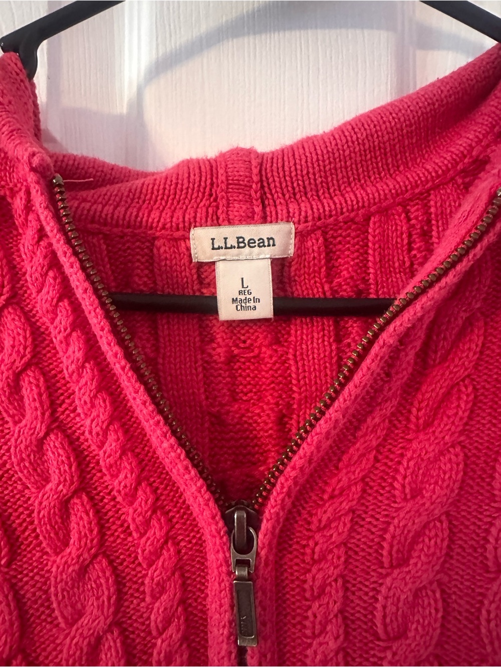 L.L. Bean Women's Bright Pink Cable-Knit Zip Hoodie - Picture 2 of 3